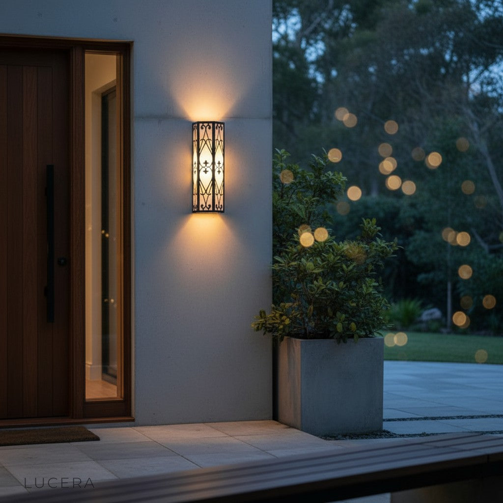 Close-up detail of Harlow Outdoor LED Lamp zinc alloy texture and imitation marble accents