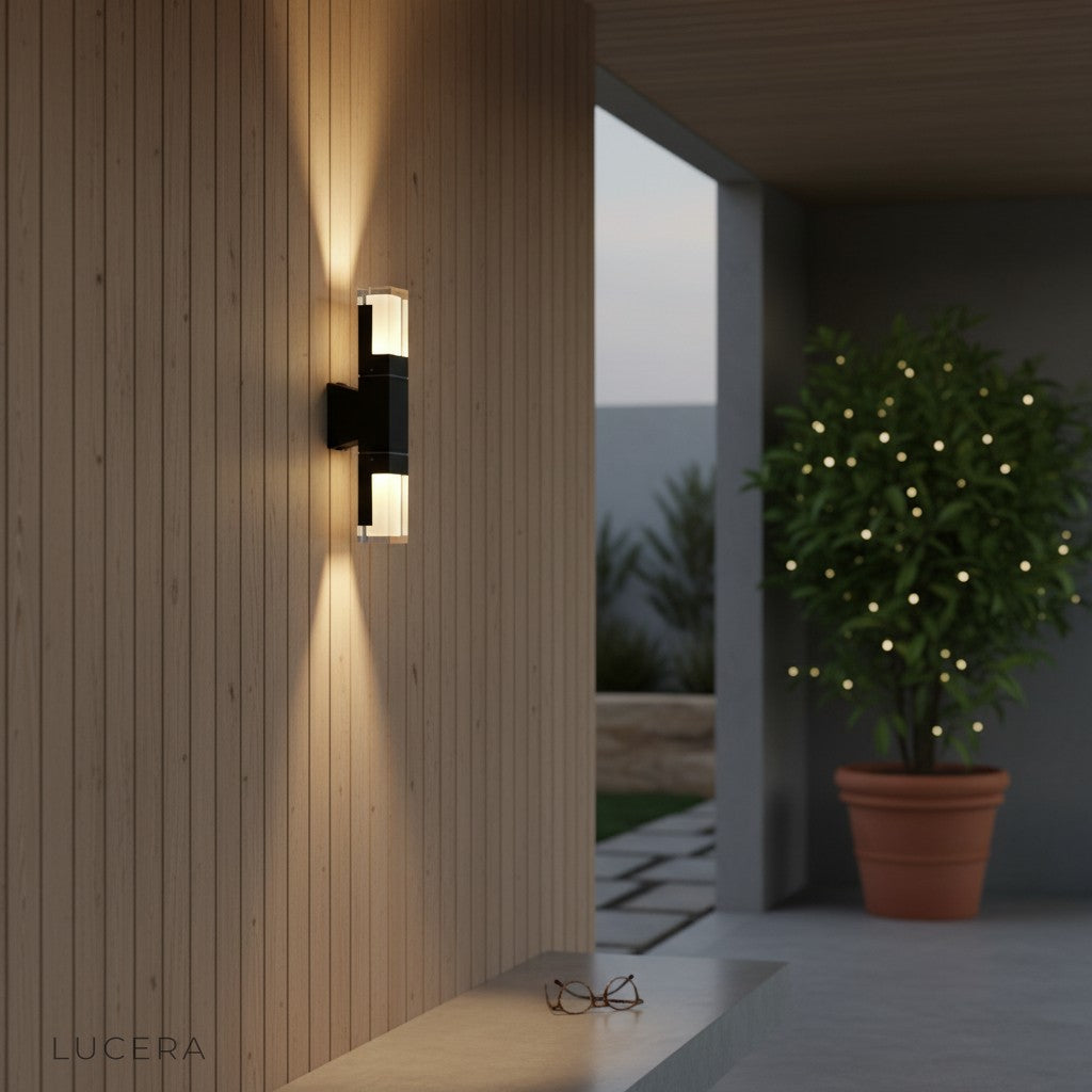 Aria Merle wall light in cool white light on a villa porch with stone texture