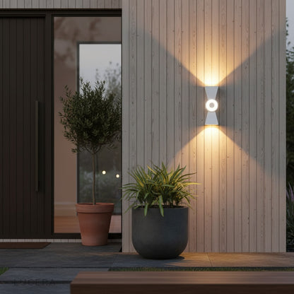 side angle studio shot of the white Mira LED wall light showing its slim aluminum profile