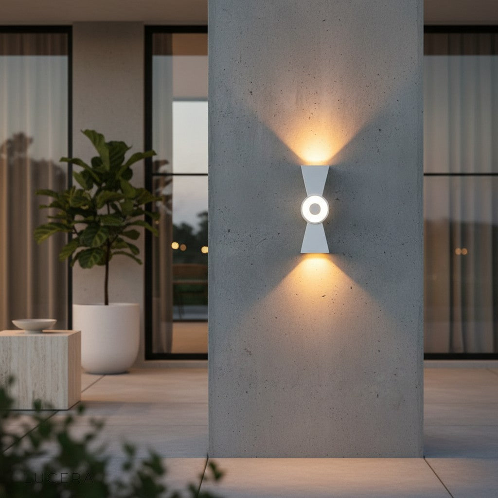 close-up detail of the Mira wall light's aluminum housing and frosted lens with warm glow