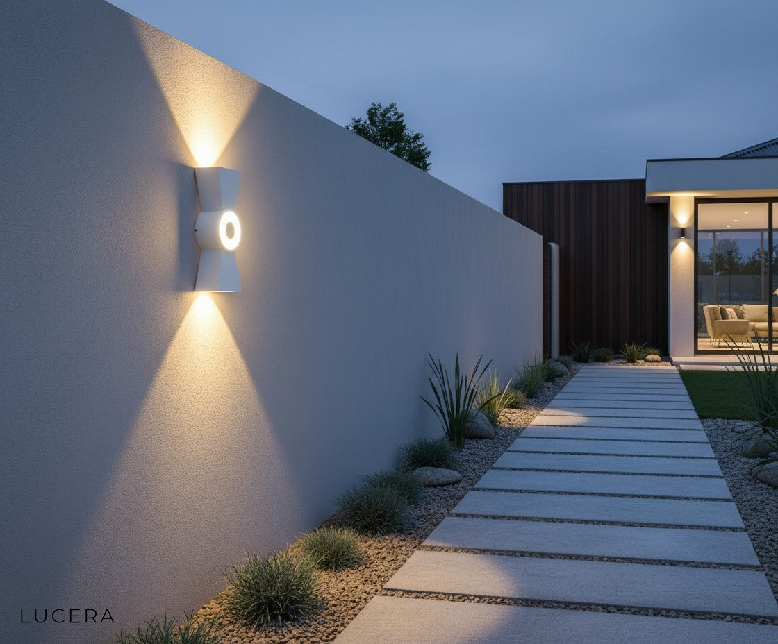 minimalist white Mira wall light above a wooden bench in a cozy outdoor lounge setting
