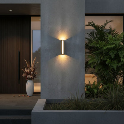 dual color temperature switch detail on black outdoor wall lamp close-up