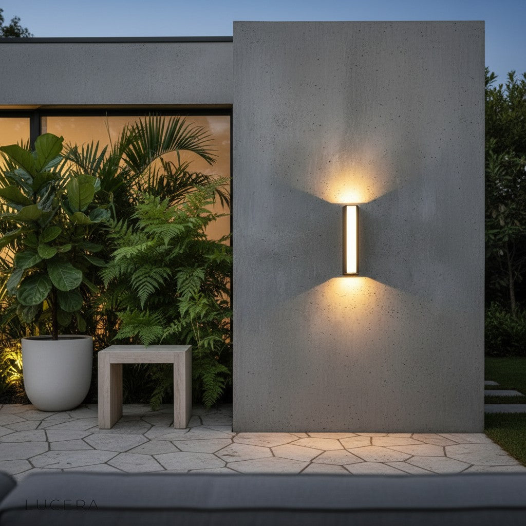 crisp 6000K daylight mode illuminating modern concrete entryway at dusk
