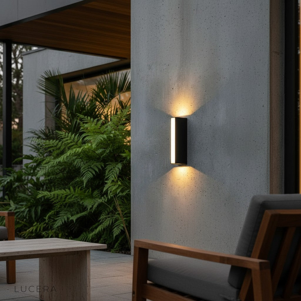 cozy 3000K warm light from wall lamp beside wooden bench on covered porch