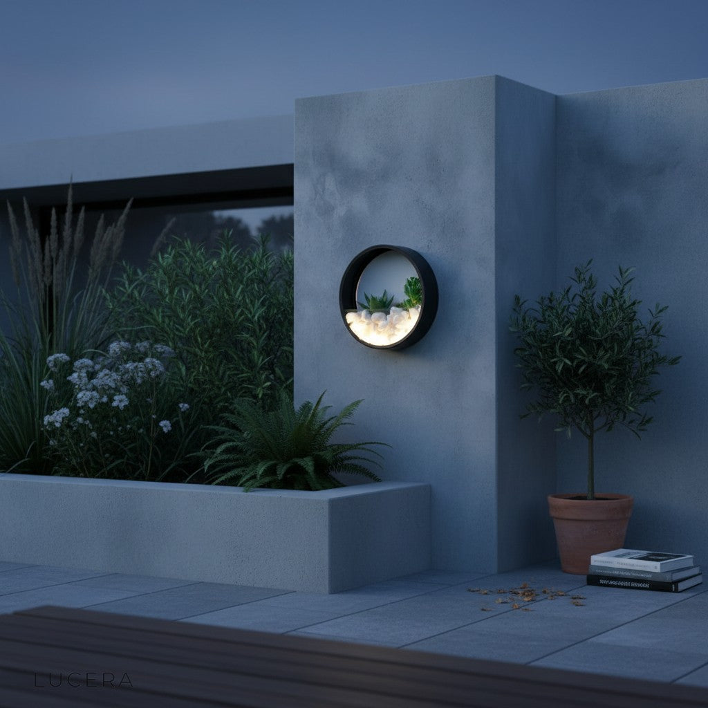 Laine outdoor lamp with decorative round form mounted on brick facade