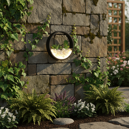 Laine outdoor light fixture beside modern door with stone and metal finish