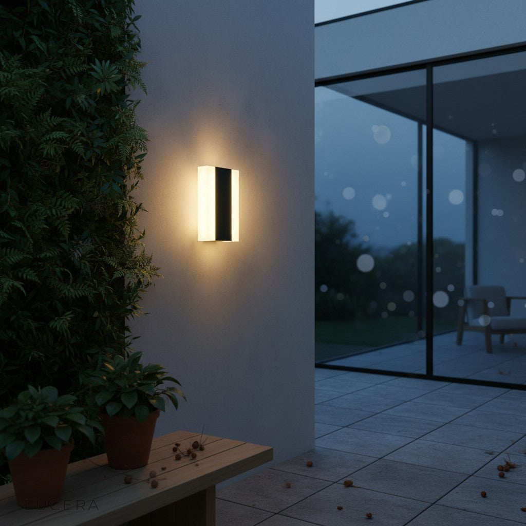Tatum LED sconce above an outdoor seating area with green plants