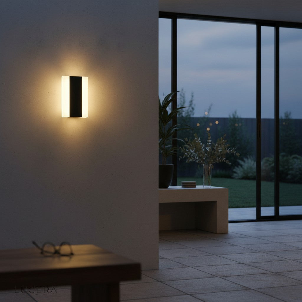 rainy evening scene with IP65 waterproof lamp glowing on metal gate