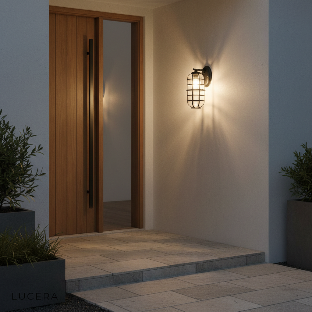 Elara sconce mounted on a stone facade with warm light casting shadows