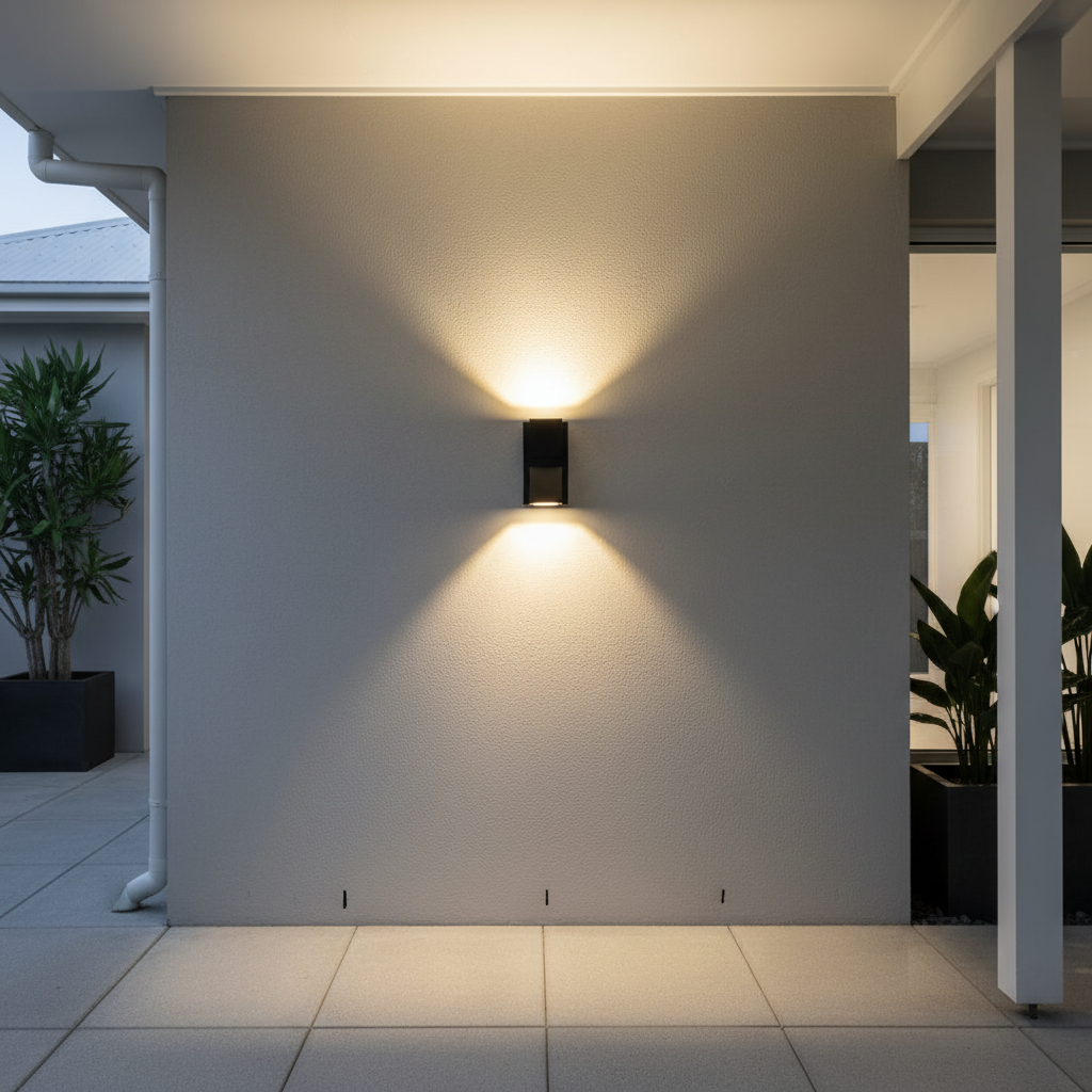 Cora outdoor light mounted on a stucco wall near a potted olive tree, warm glow
