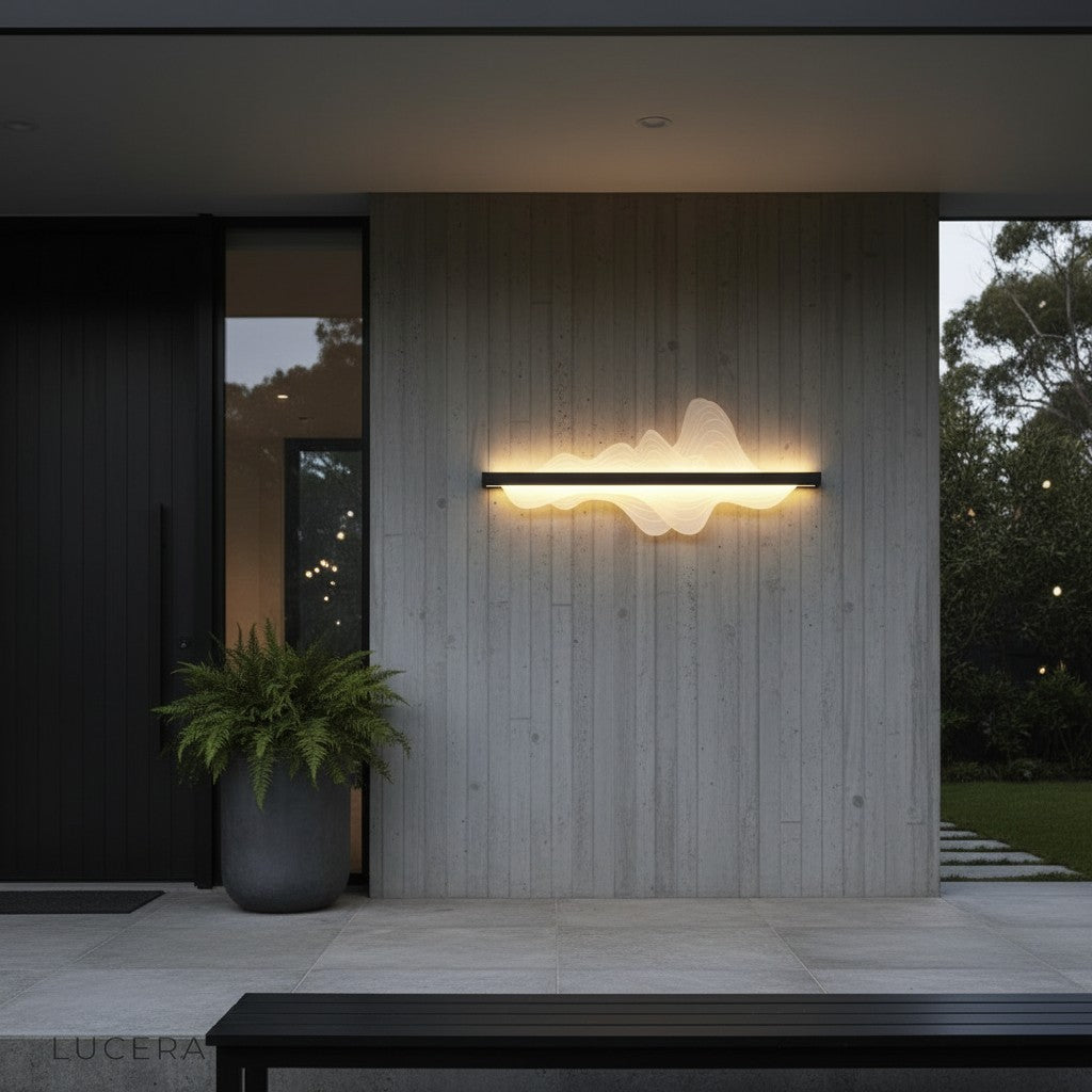 linear outdoor wall sconce casting warm light on a brick garden wall