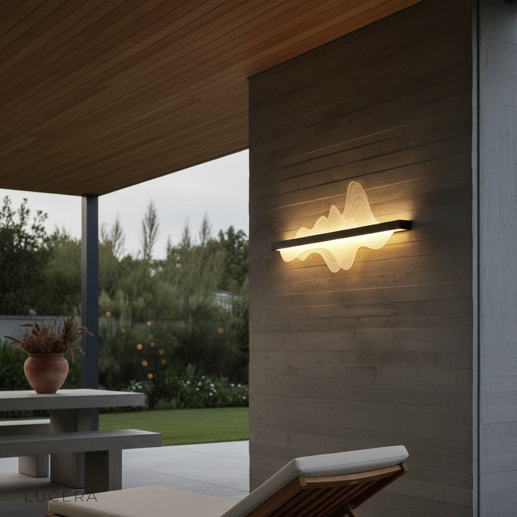 black finish LED wall lamp glowing against a dark exterior stone surface