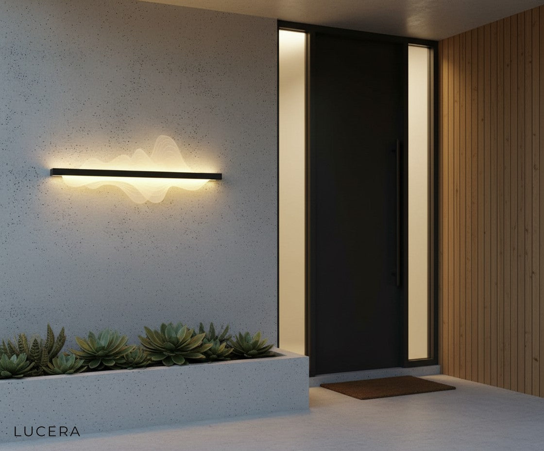outdoor wall light illuminating a cozy seating area on a wooden deck at night