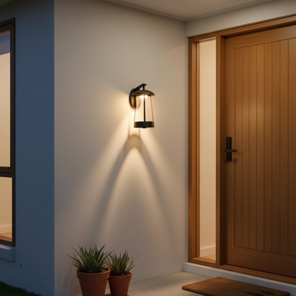 Camille weatherproof wall lamp casting soft light over an outdoor dining table
