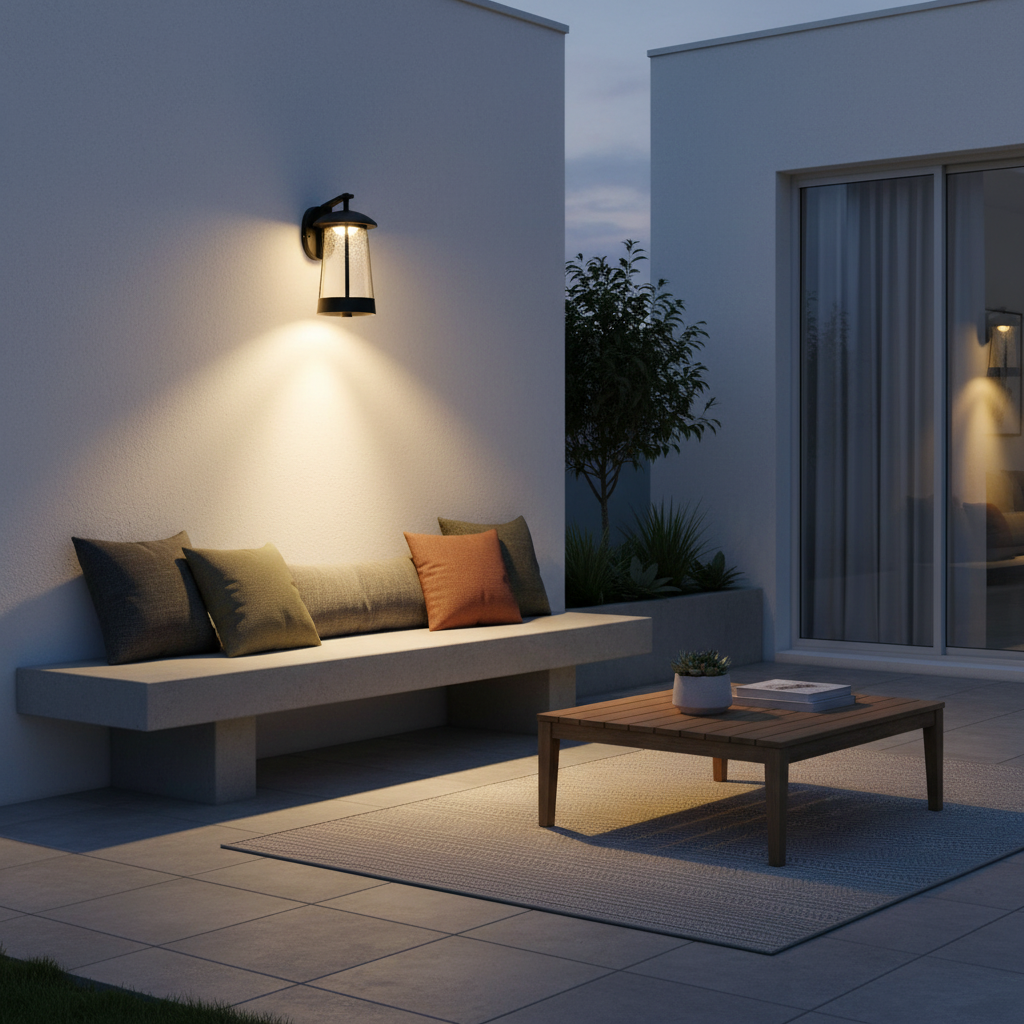 Camille LED wall fixture on a coastal deck with ocean view in background