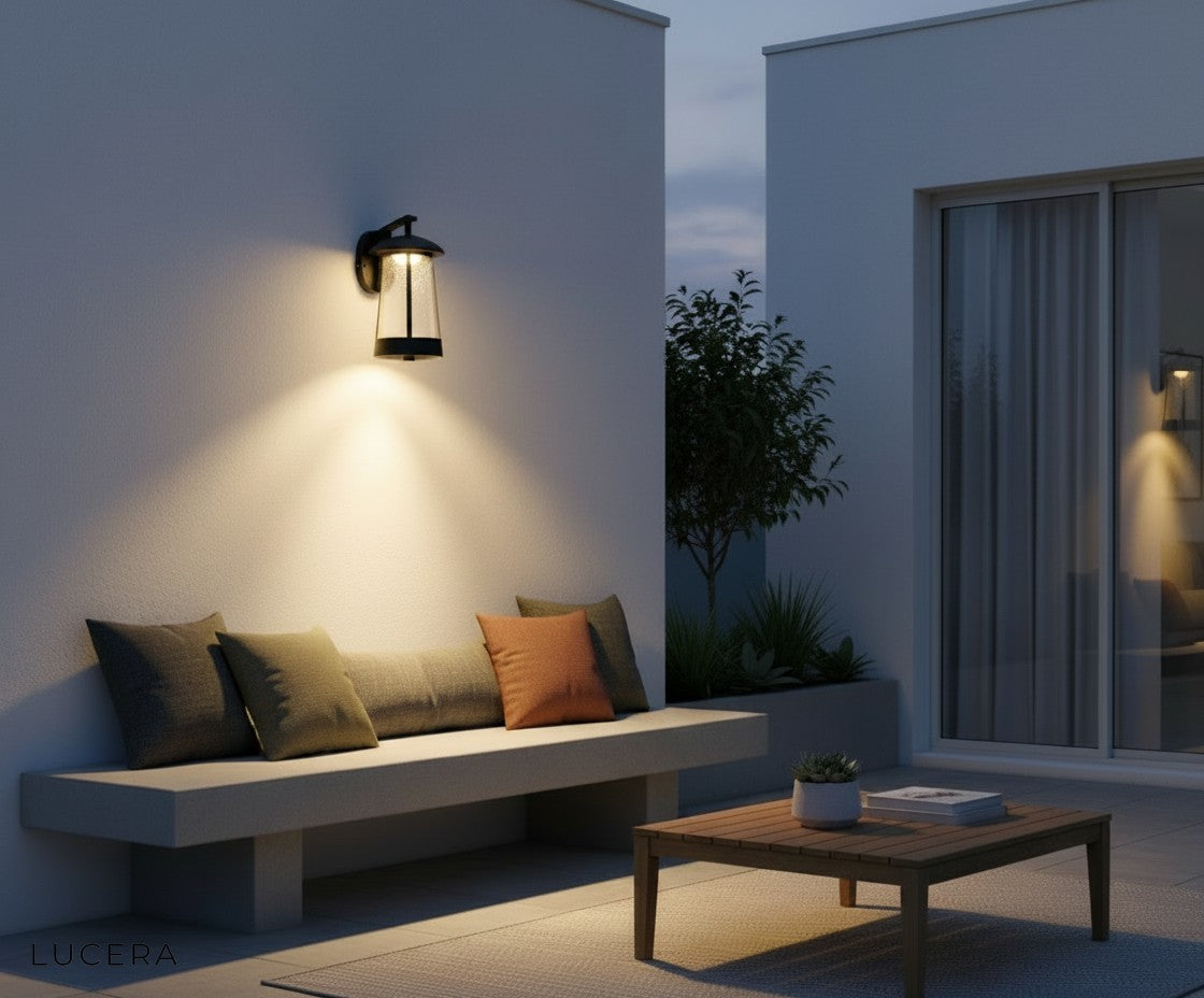 Camille outdoor wall lamp nighttime ambiance beside a garden pathway