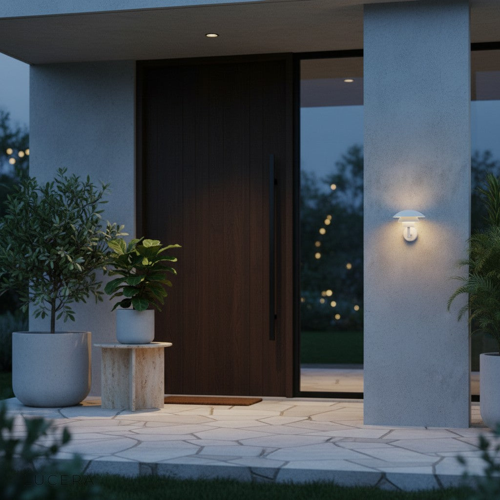 Delphine Outdoor LED Light close-up of adjustable color temperature switch and textured aluminum finish