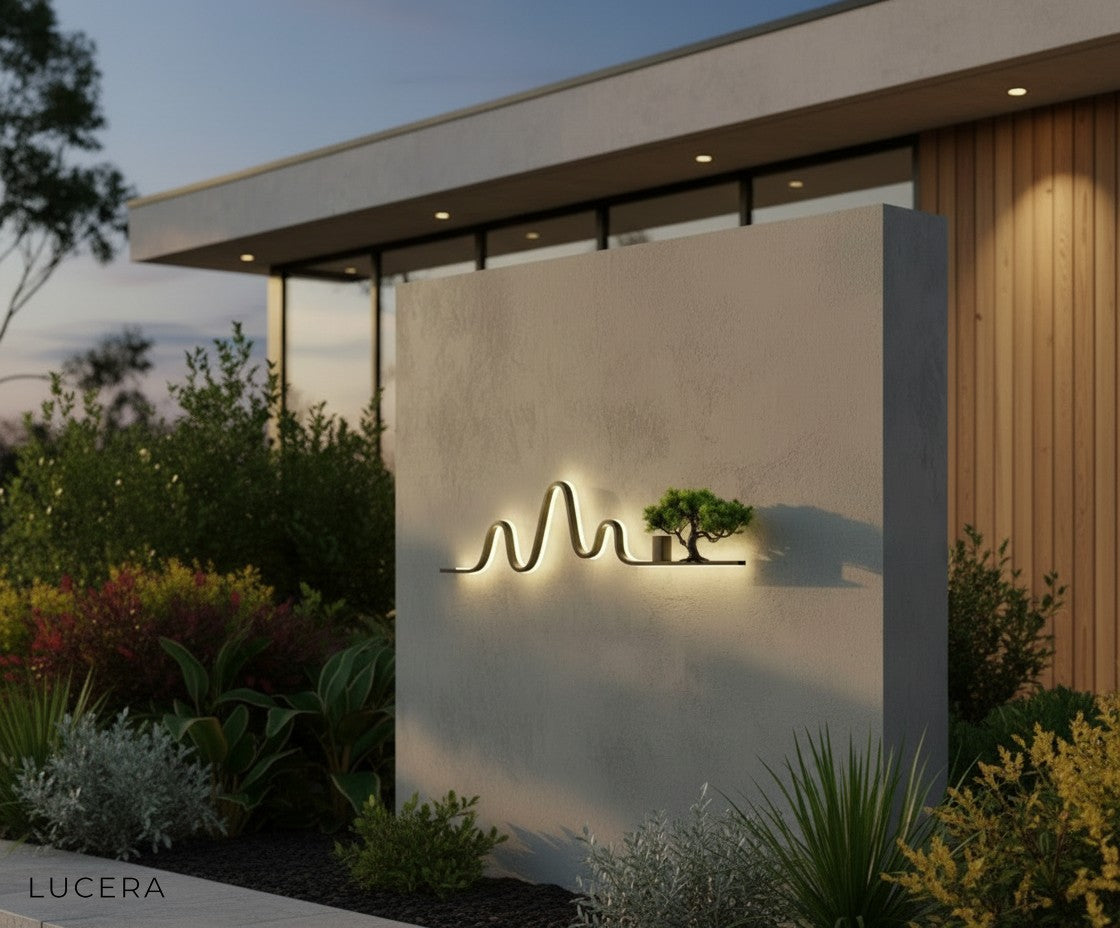 elegant Lilou LED landscape lamp in courtyard with soft shadows at twilight