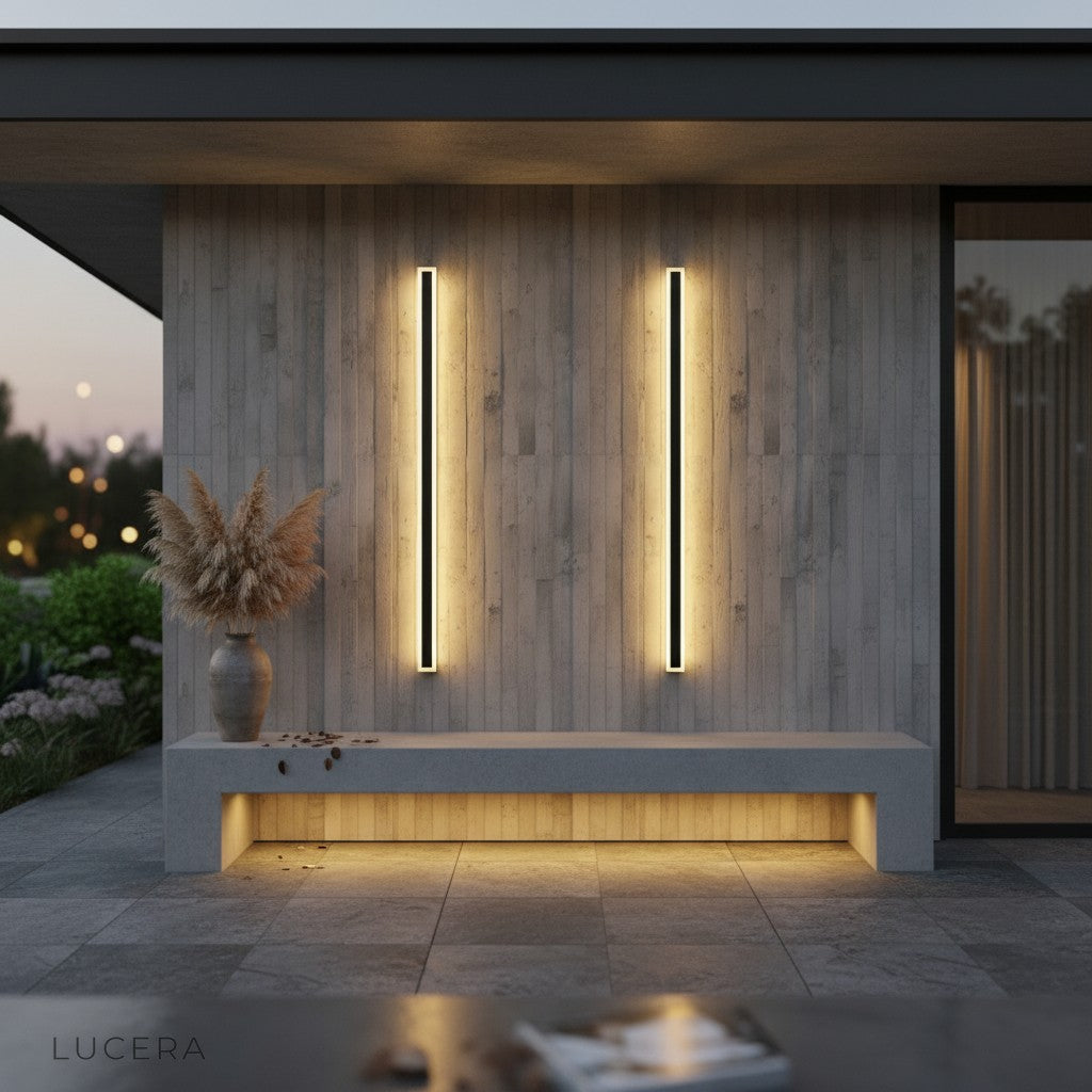 Odette tall black LED wall lamp mounted on dark brick wall casting warm ambient glow