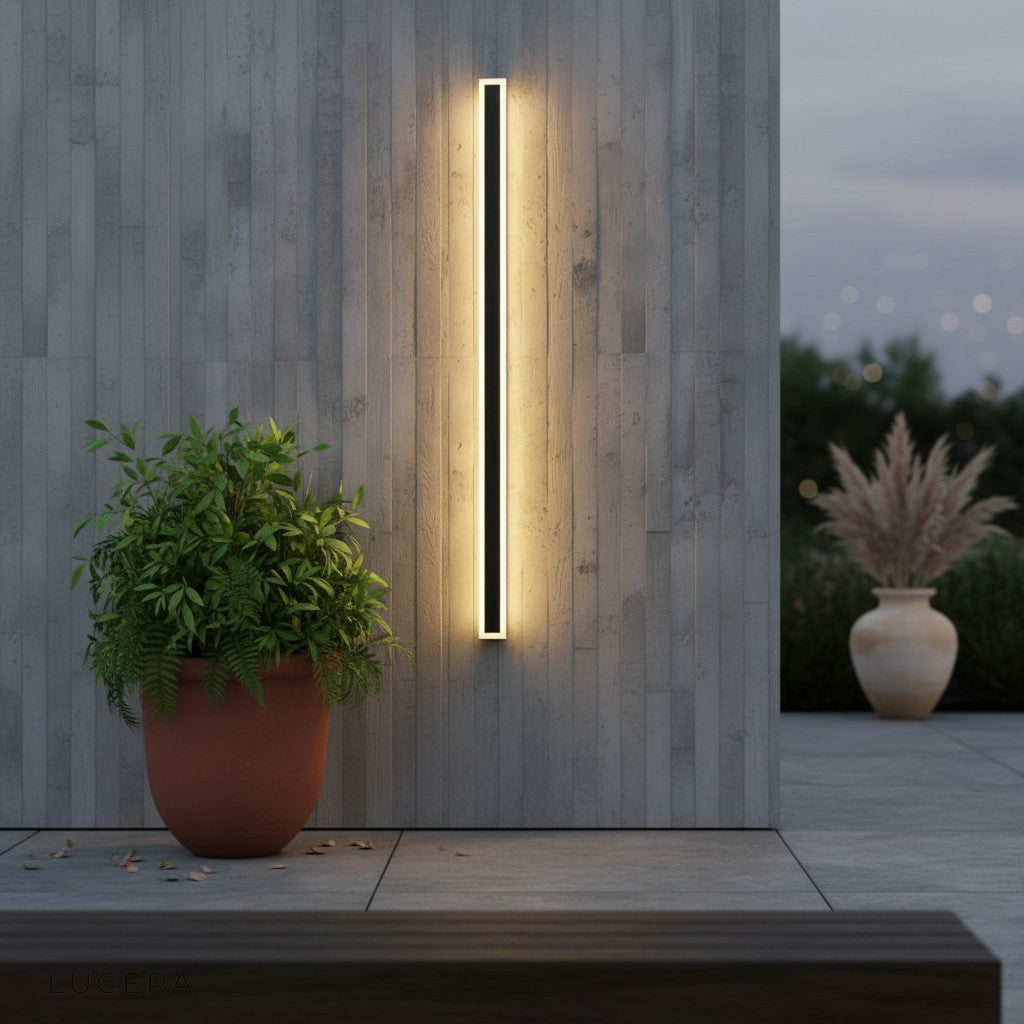 nighttime shot of Odette tall LED wall lamp highlighting architectural wall with soft vertical light