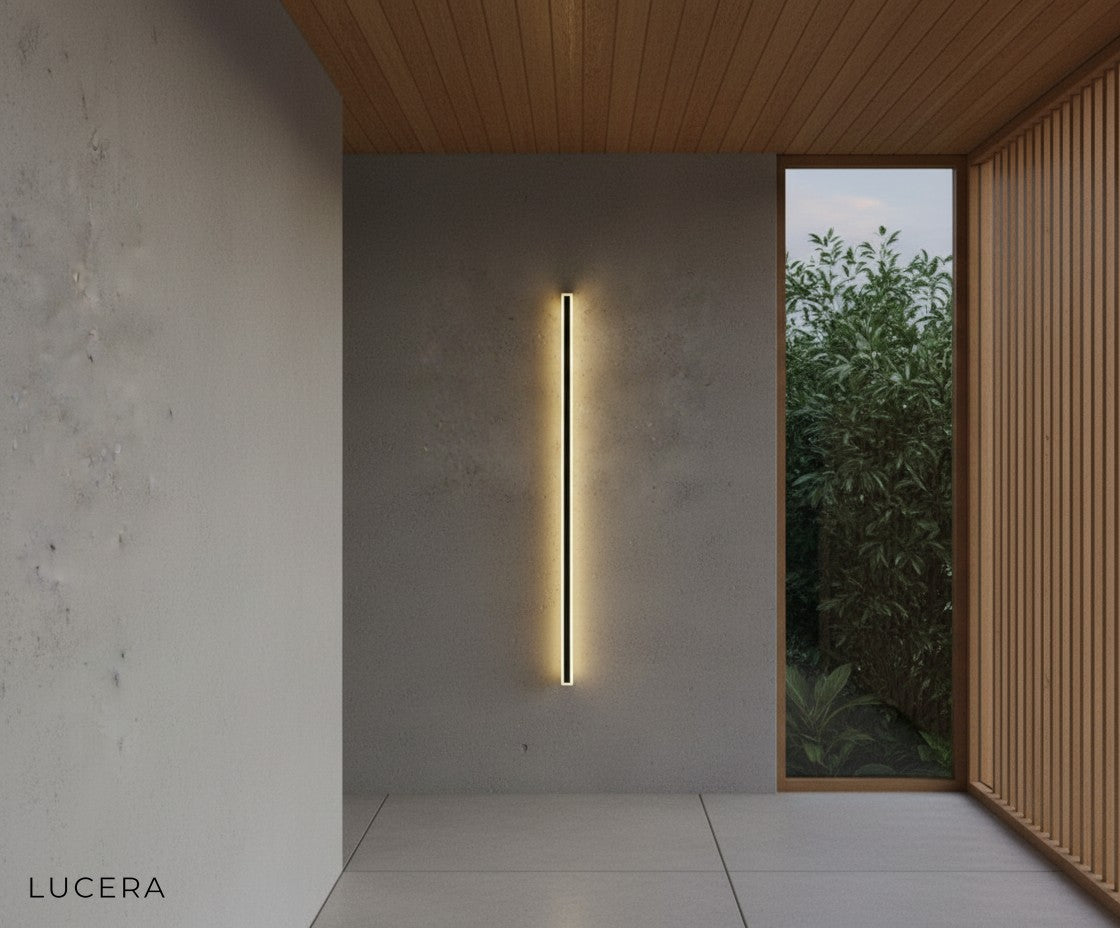 Odette black wall lamp on concrete fence near modern entry door with plants in background