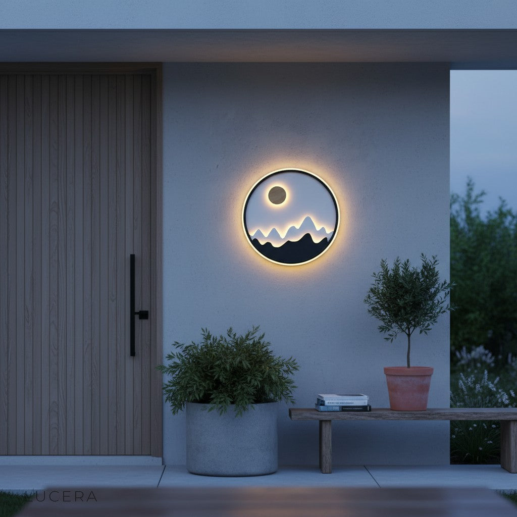 sculptural outdoor sconce mounted beside modern entry door with soft ambient light