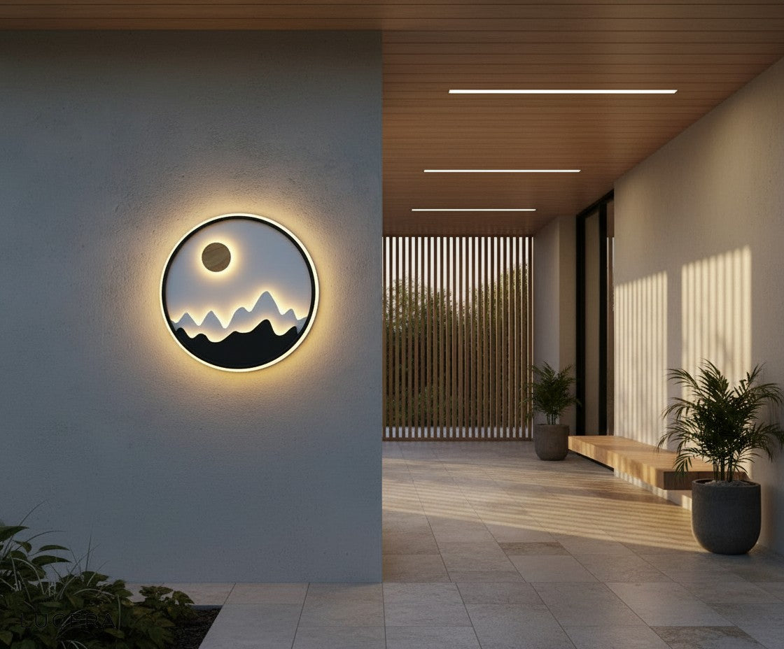 nighttime shot of aluminum wall lamp casting inviting halo over minimalist garden wall