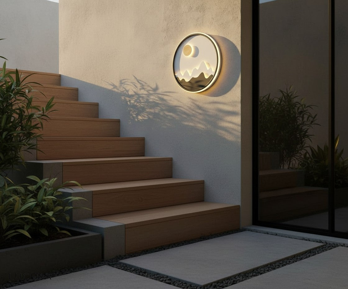 round outdoor sconce glowing against brick facade with subtle shadow play on surface