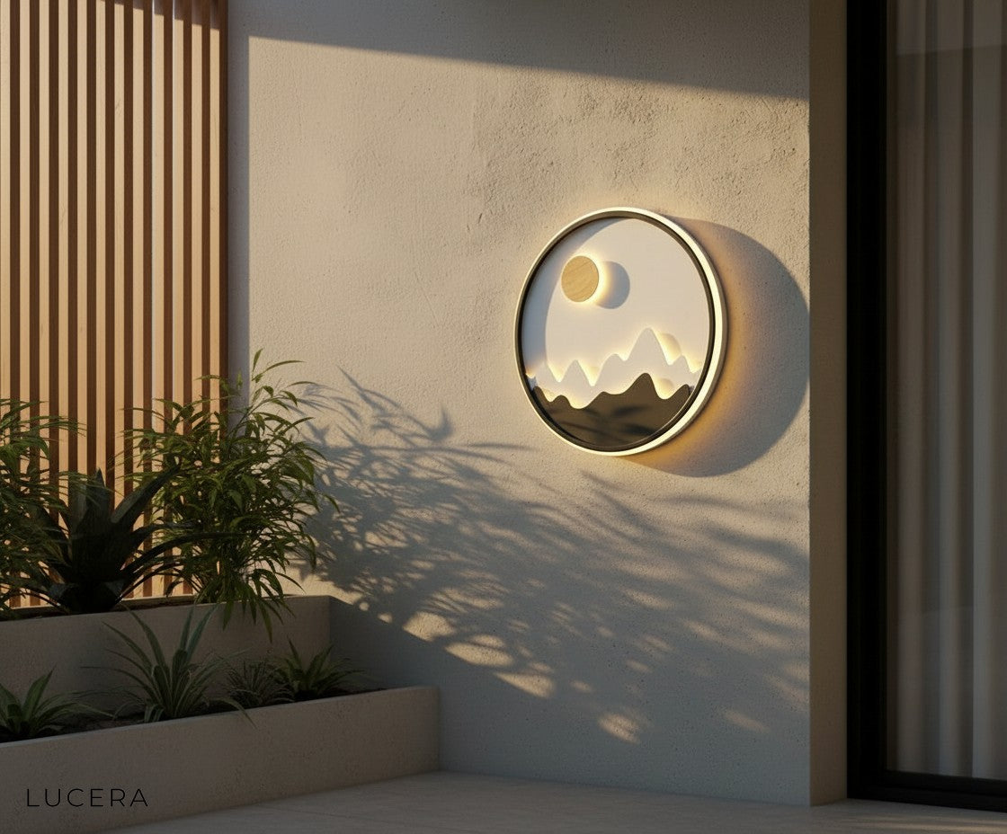aluminum wall lamp in warm tone highlighting contemporary balcony railing and plants