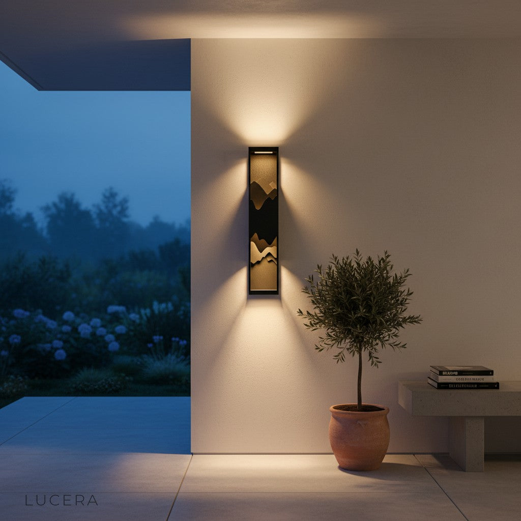 twin Renee wall lights flanking a garage entrance in twilight