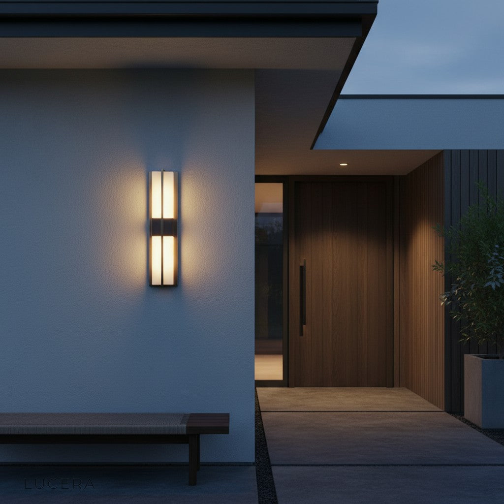 dimmable outdoor wall sconce with remote control displaying crisp 6000K cool white light in studio setting