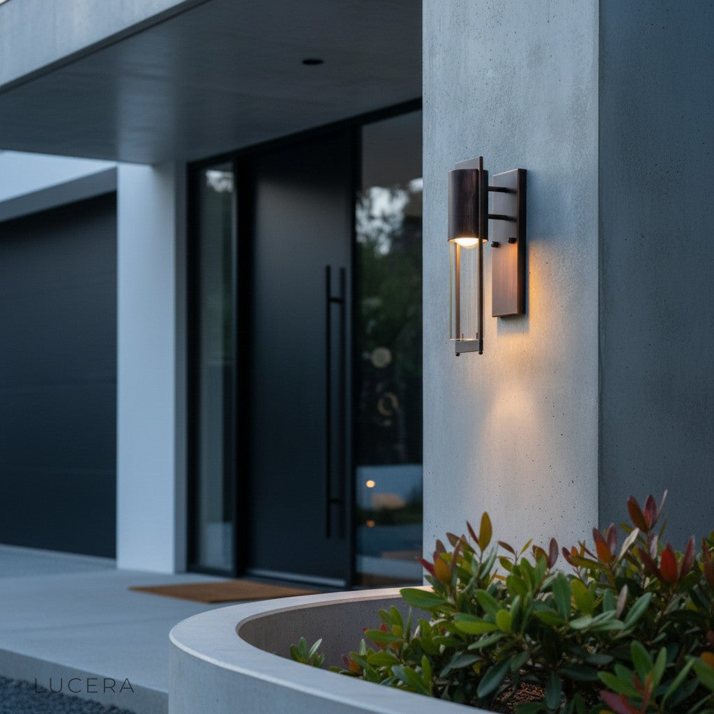 Retro-style Lucera Viviane LED wall lamp casting light on a modern wooden deck