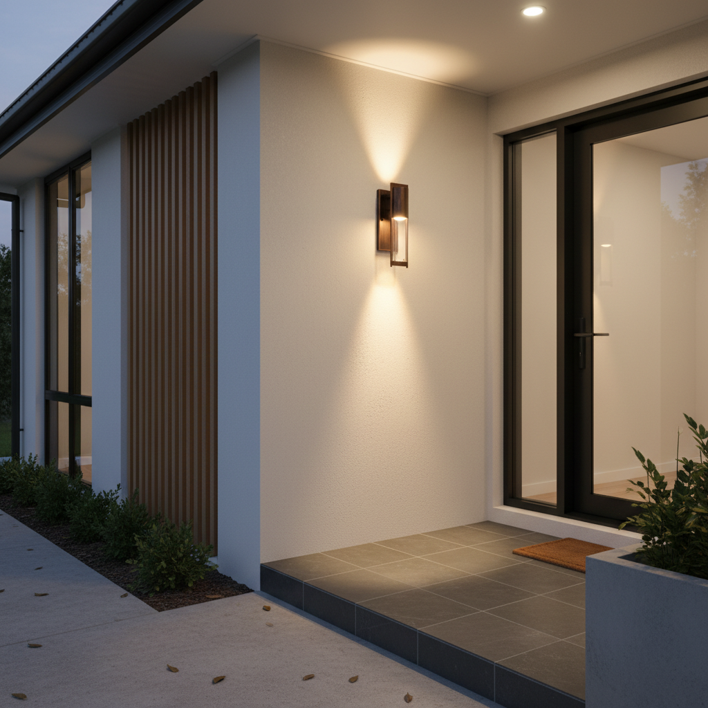 Bronze and black Viviane sconce lighting an entryway with vintage charm and modern durability