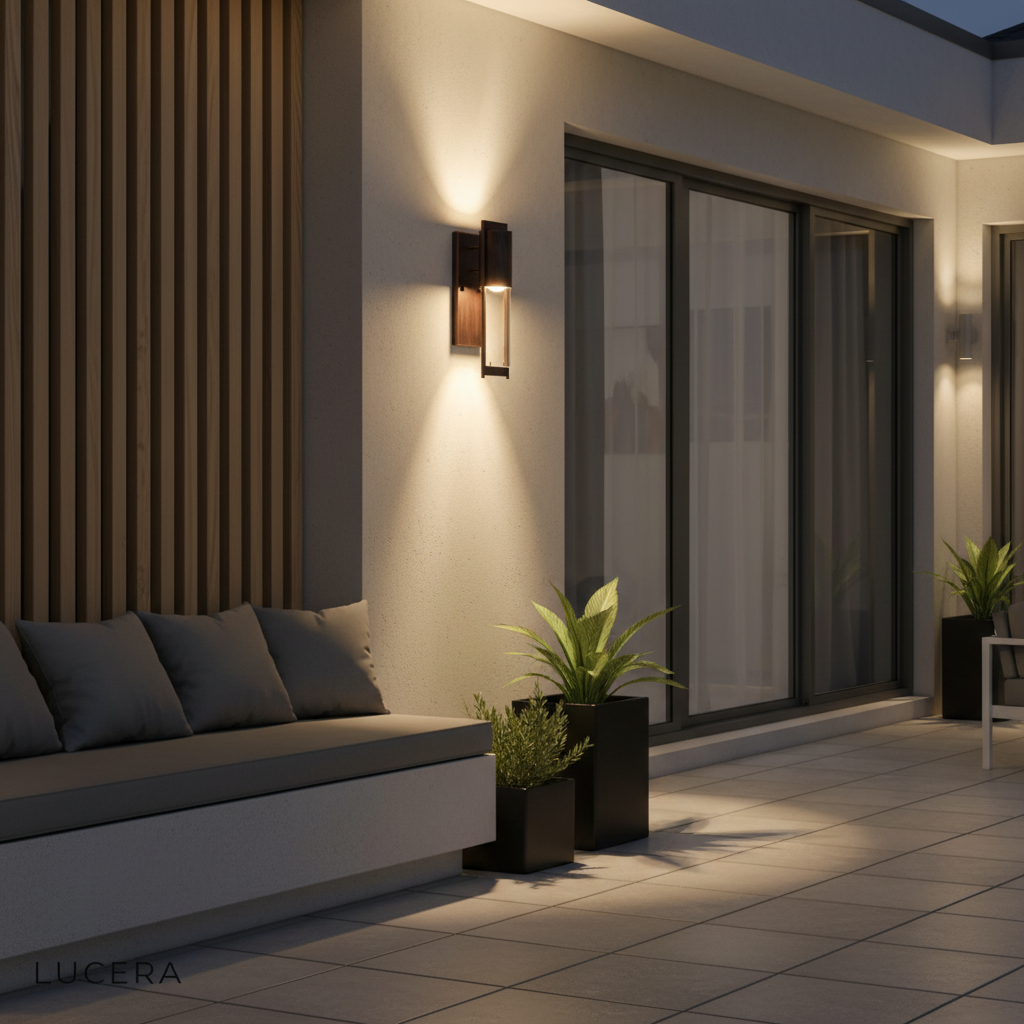 Viviane retro wall light illuminating a covered porch with iron and glass details visible
