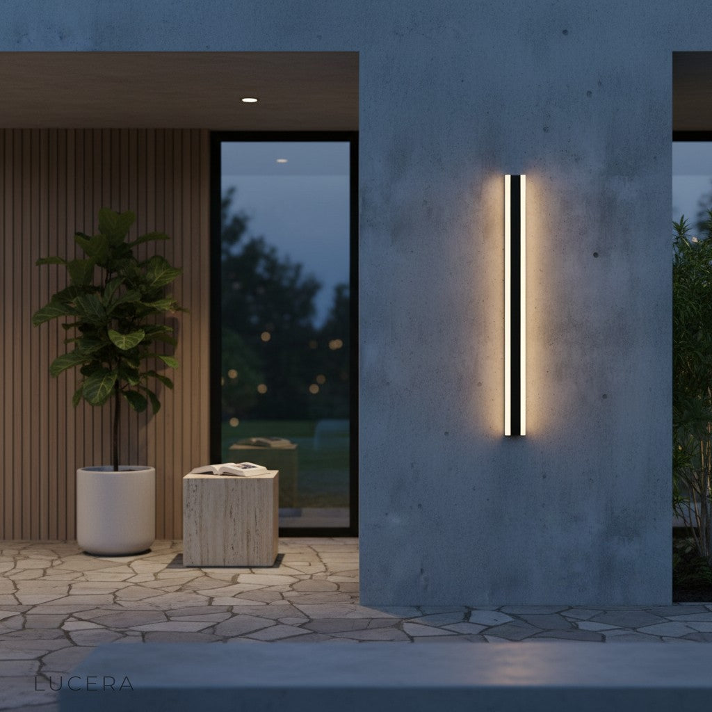 Close-up of Yara wall lamp black finish and subtle gold trim detail against stone wall