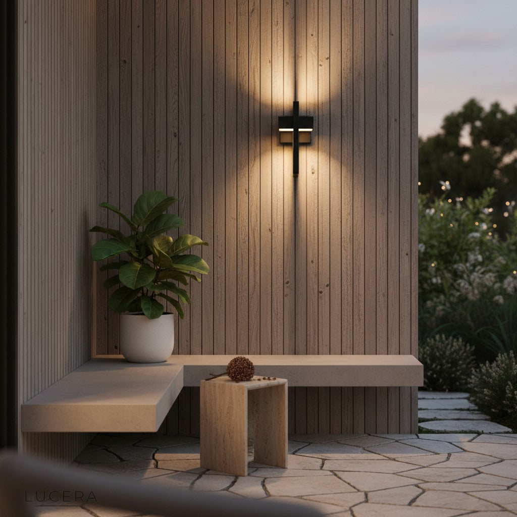 retro black wall light flanking a dark metal front door