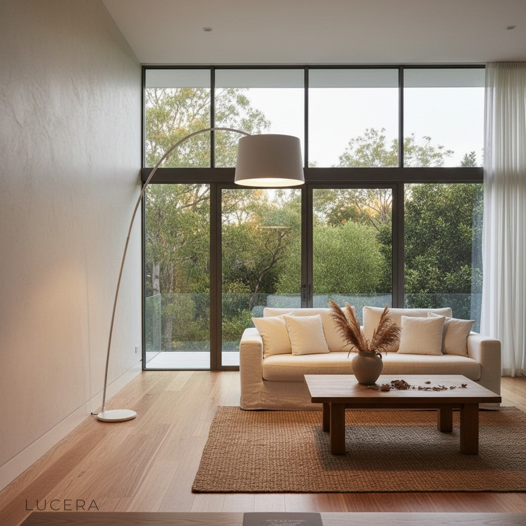 Gabbro designer lamp beside a floor-to-ceiling window with city view at dusk