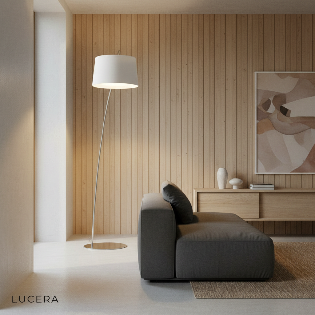 minimalist arc lamp in a gallery-style entryway with concrete wall and bench