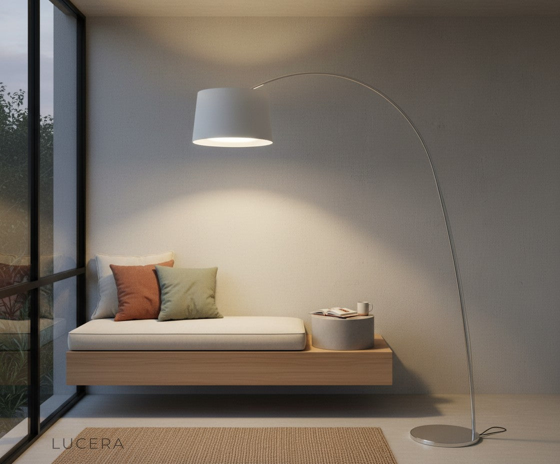 studio rear view of Gabbro lamp showing curved silhouette and weighted base