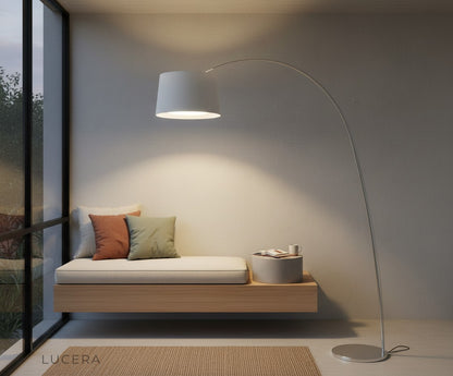 studio rear view of Gabbro lamp showing curved silhouette and weighted base