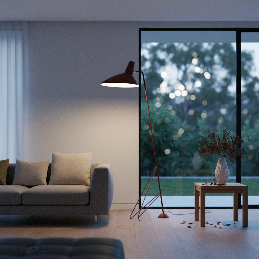 sculptural tripod floor lamp in bright bedroom corner near bed