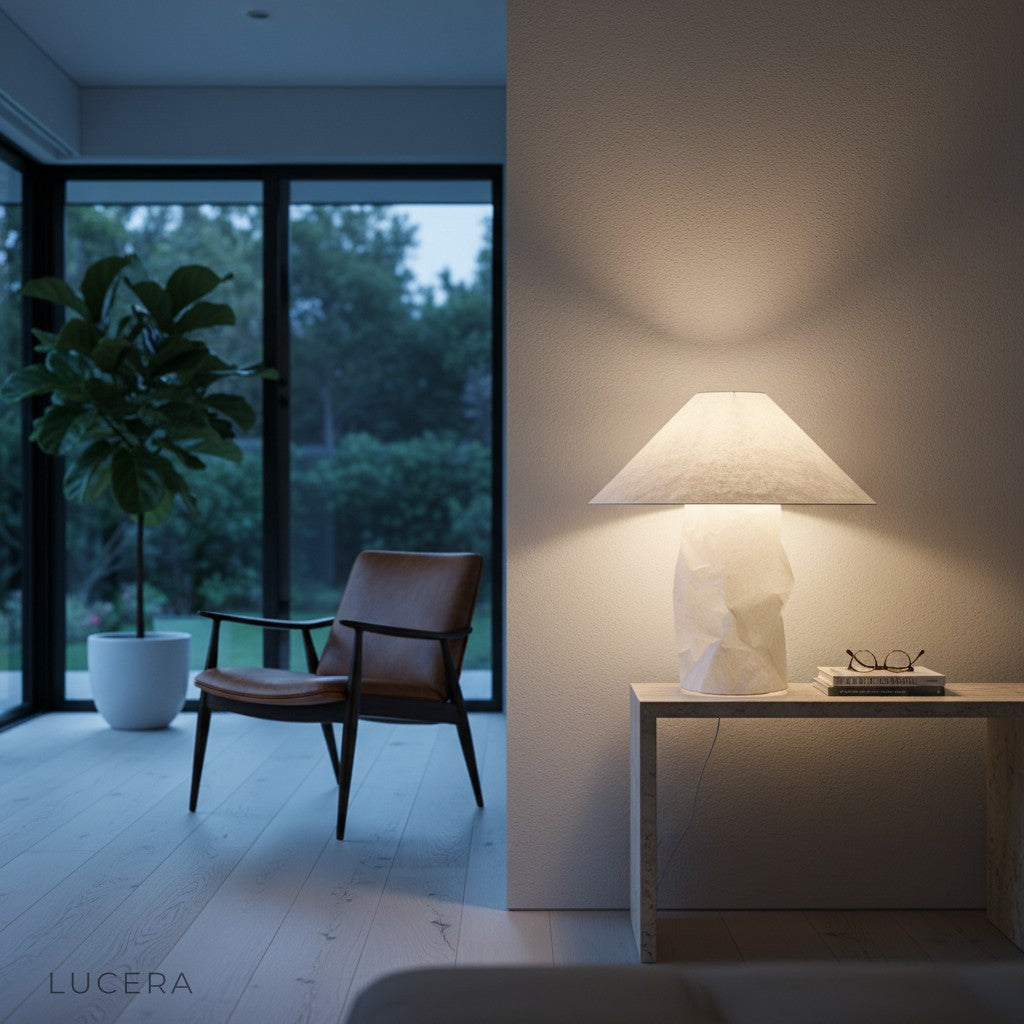 Citrine floor lamp casting ambient light beside a linen armchair in a cozy modern room