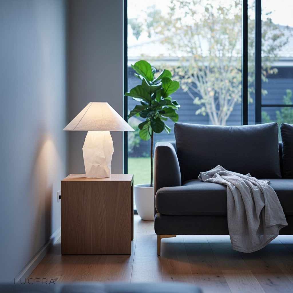 Overhead angle of the paper table lamp showing the circular diffused shade and stone-like base