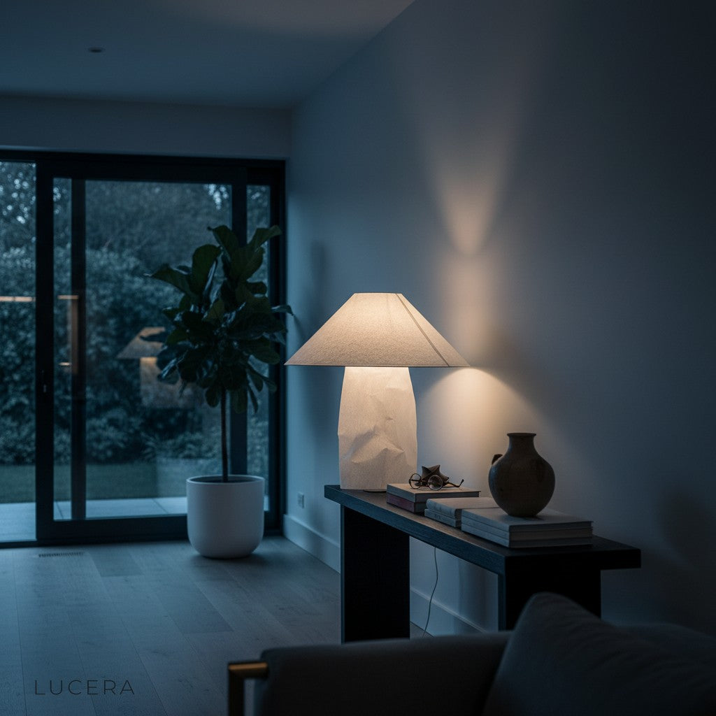 Nighttime lifestyle shot of the citrine floor lamp illuminating a serene bedroom corner