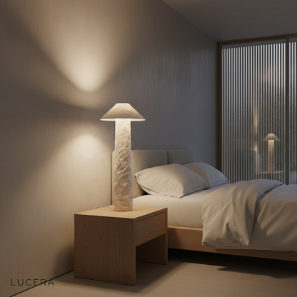 The paper lamp placed on a rustic wooden table in a wabi-sabi styled dining area