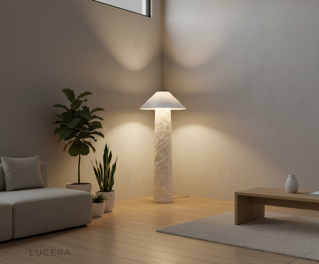 Soft golden glow from the citrine lamp creating a tranquil atmosphere in a neutral hallway