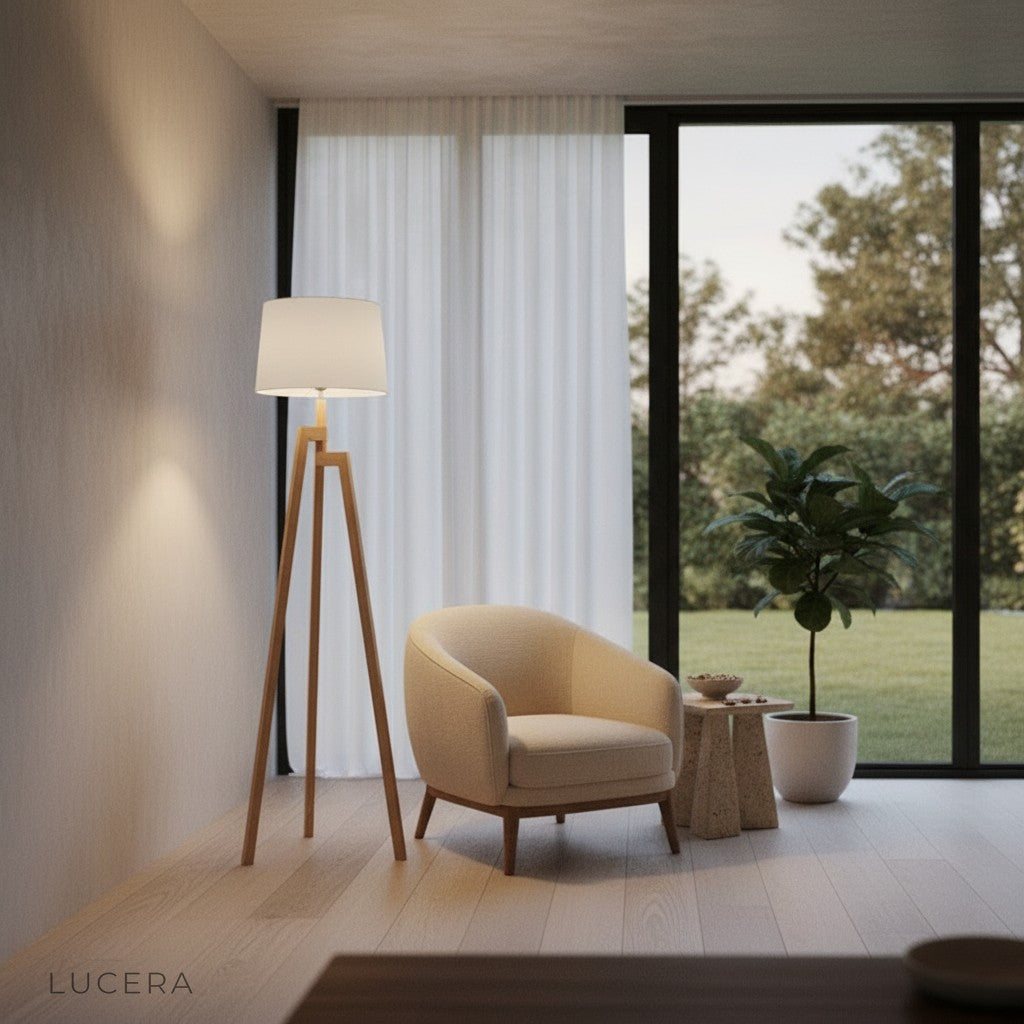 solid wood floor lamp with cool 6000K light illuminating a modern bedroom corner