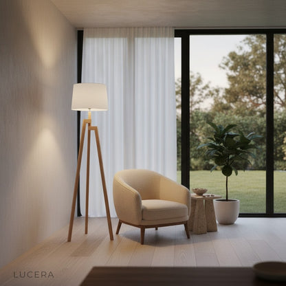 solid wood floor lamp with cool 6000K light illuminating a modern bedroom corner