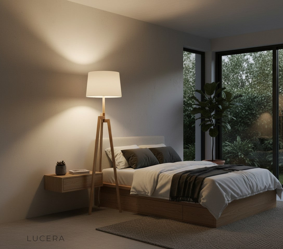 Spinel floor lamp with unique wood knots and warm light in rustic-style entryway