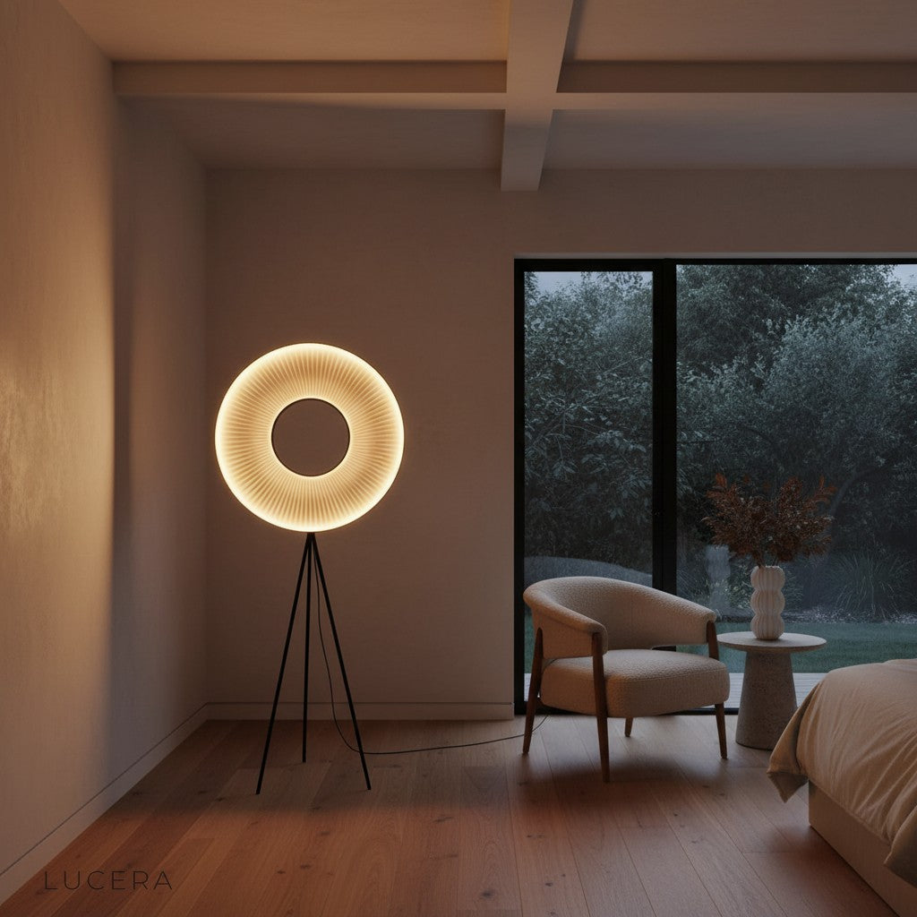Lucera Kunzite LED lamp blending with neutral decor in stylish lounge